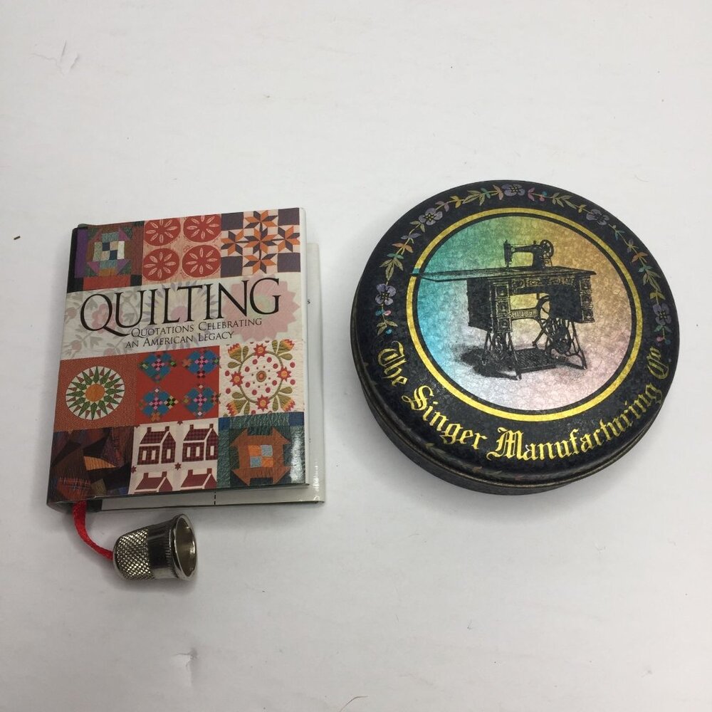 Mini Quilting Book of Quotes Black Round Singer Sewing Tin Set